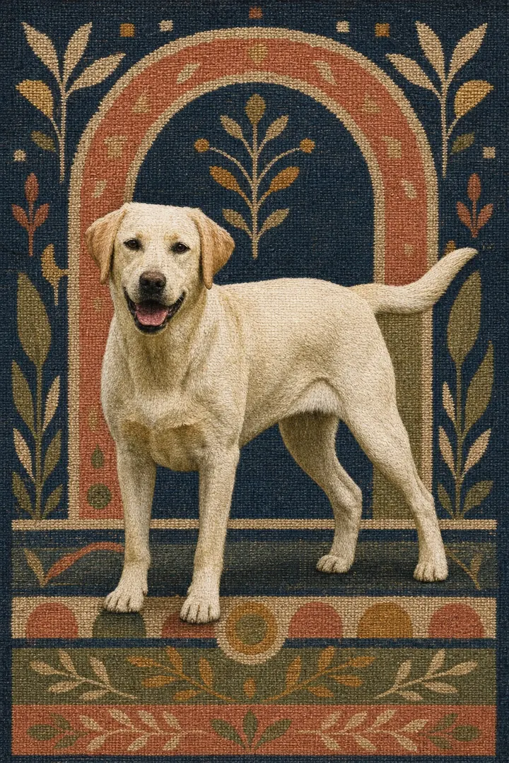 Tapestry pet portrait style — woven & collected